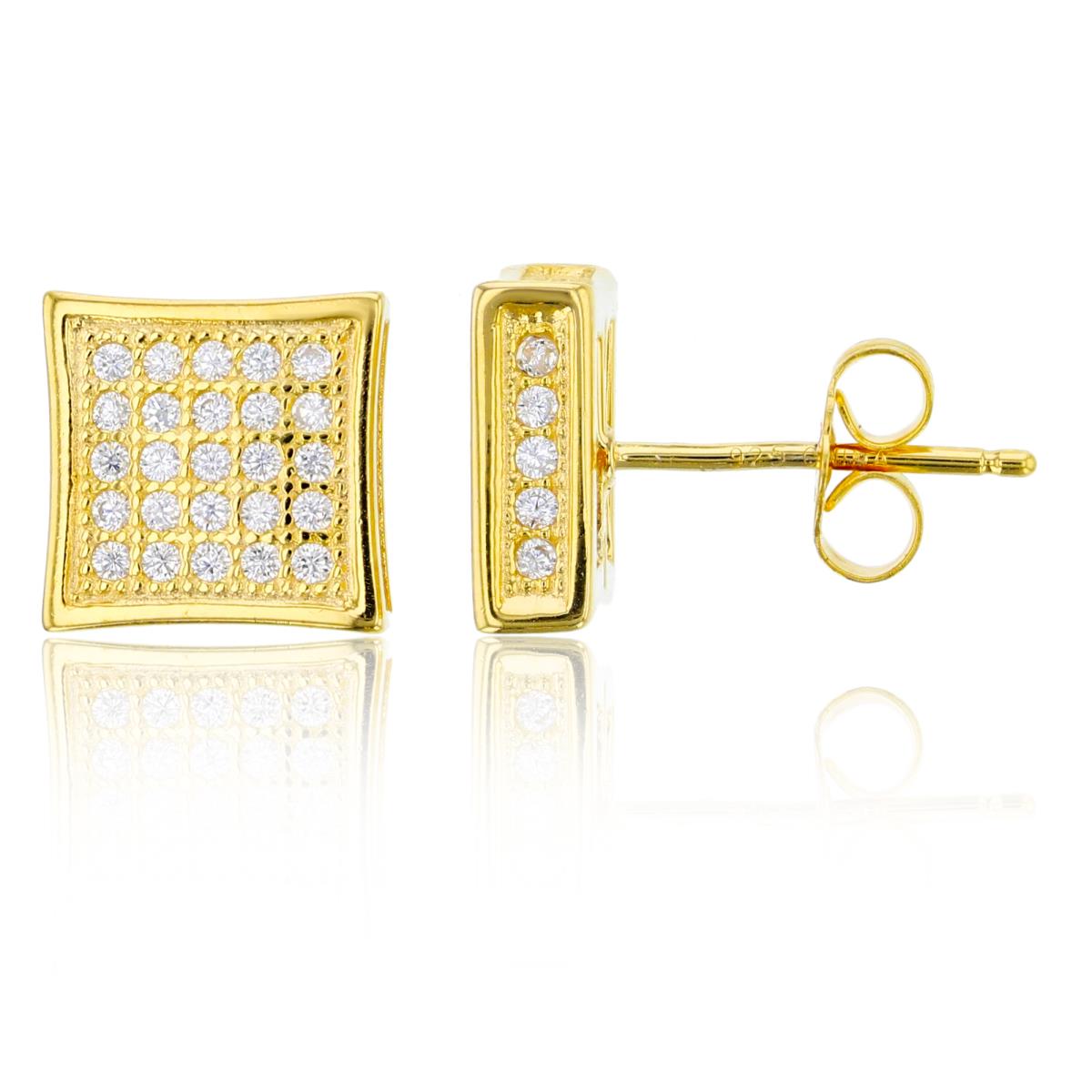 Sterling Silver Yellow 10x10 3D Square Micropave Stud