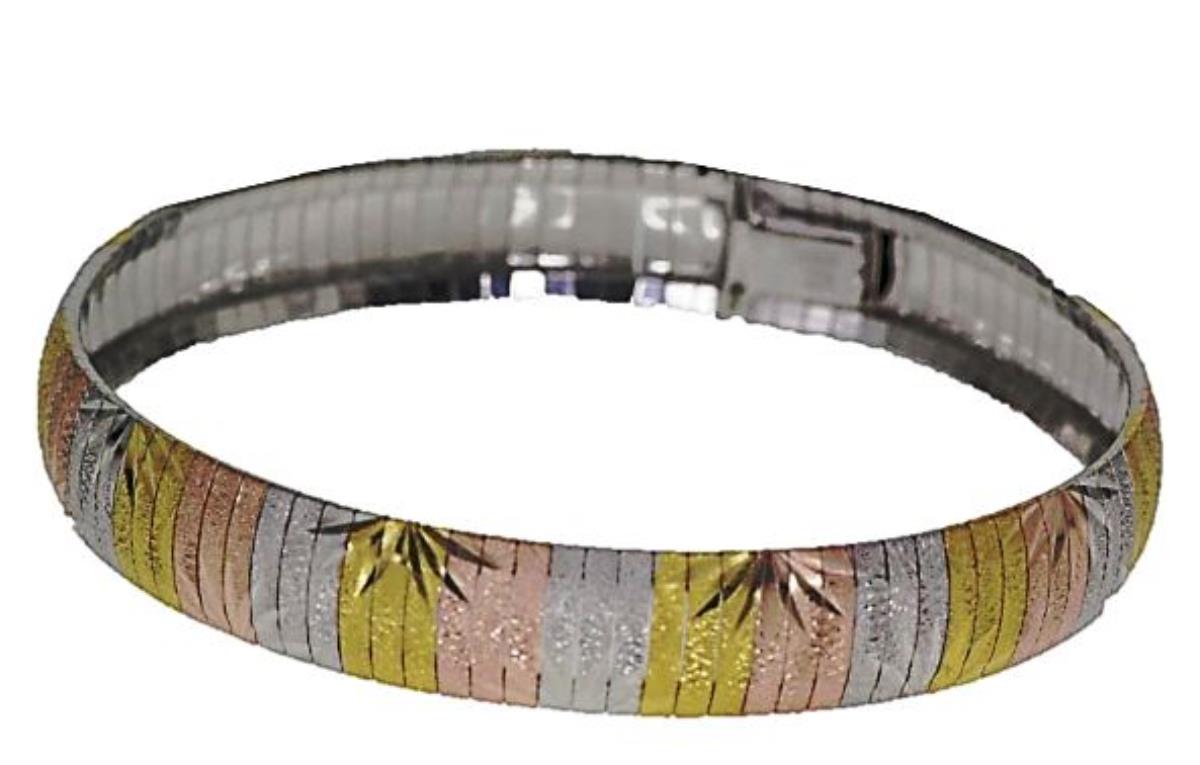 Sterling Silver Tri-color Diamond Cut Plant 7.5" Bombay Bracelet