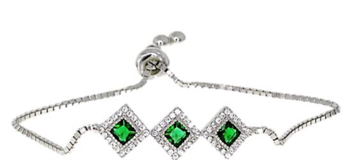 Sterling Silver Rhodium 5.55mm Clear & Green "Emerald" 3-Stone Diamond-Shape Halo Adjustable Bracelet