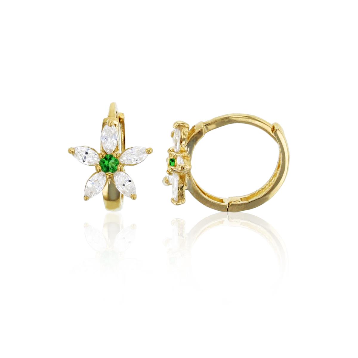 14K Yellow Gold 8x10mm Clear and Green Emerald CZ Flower Huggie Earring