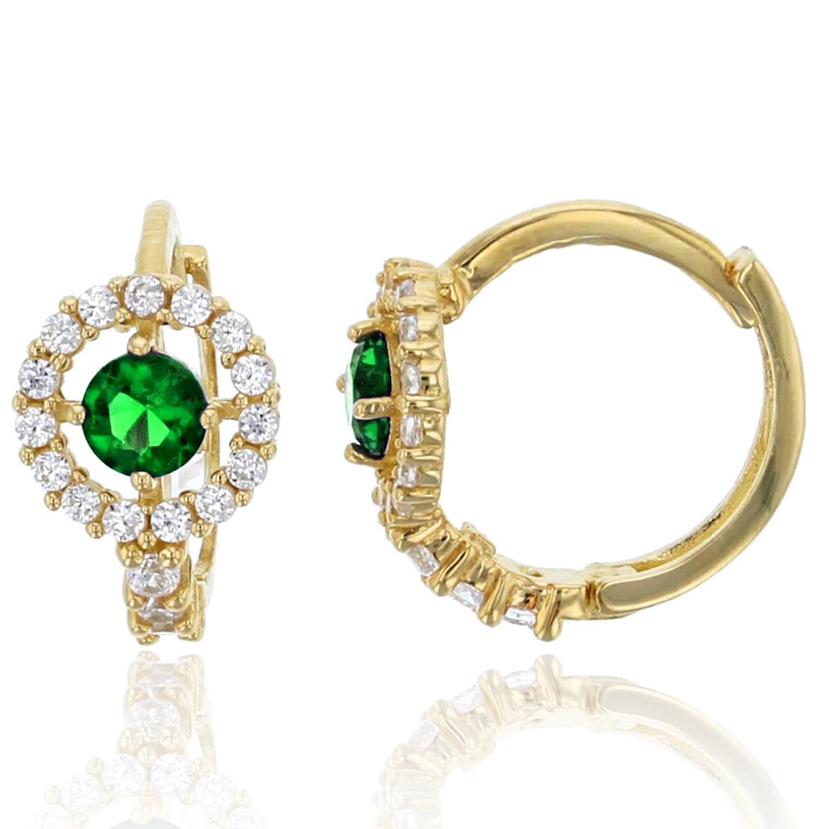 14K Yellow Gold 6.5x10mm Micropave Clear and Green Emerald CZ Round Halo Huggie Earring