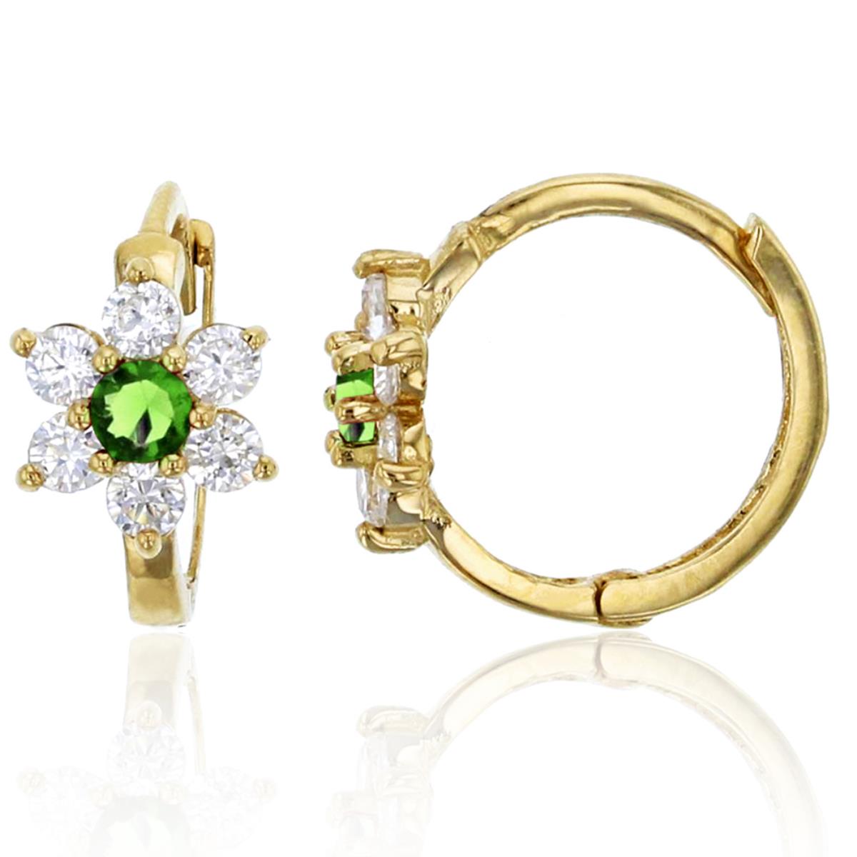 14K Yellow Gold 6.5x10mm Clear and Green Emerald CZ Daisy Flower Huggie Earring