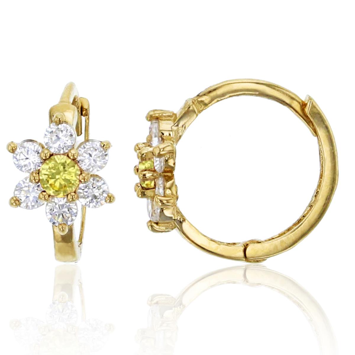 14K Yellow Gold 6.5x10mm Clear and Yellow CZ Daisy Flower Huggie Earring