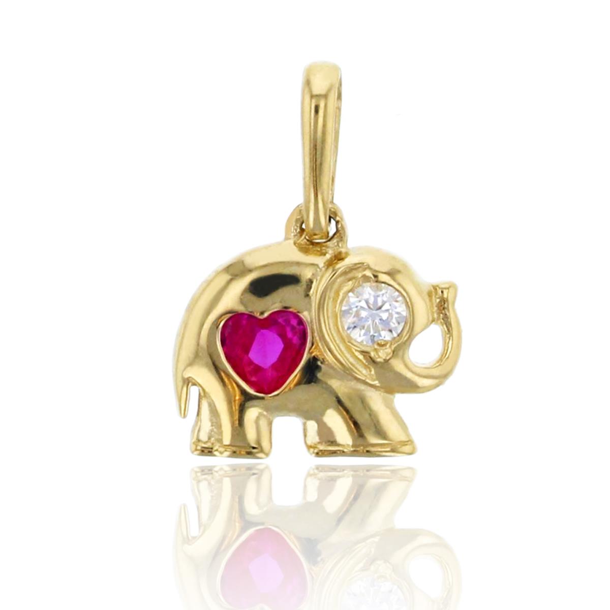 14K Yellow Gold Clear and Heart Red Ruby Elephant Dangling Pendant