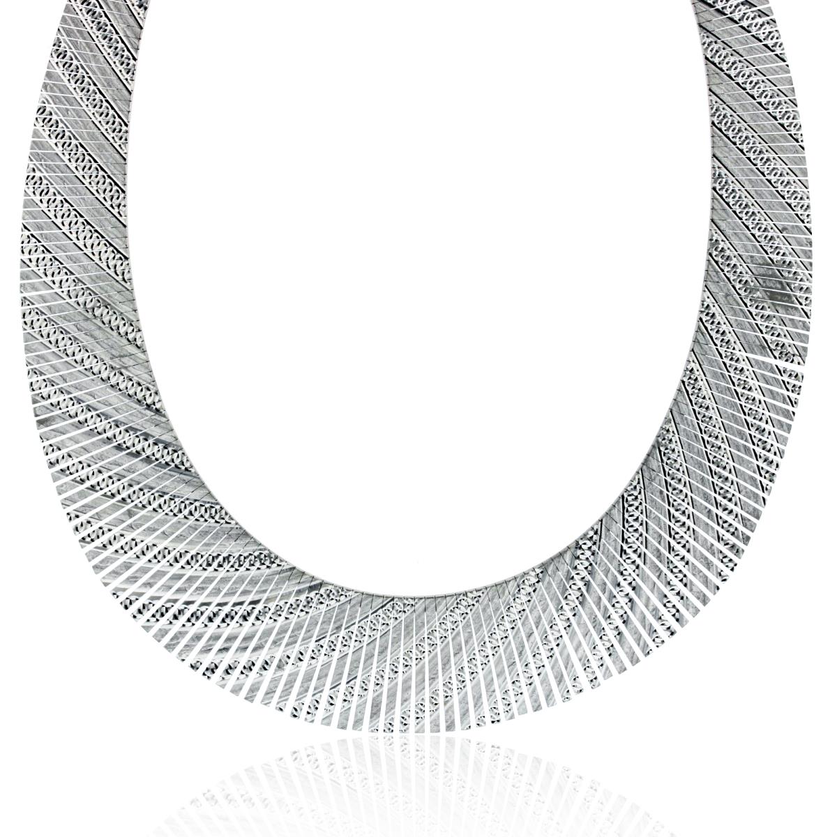 Sterling Silver Rhodium High Polished Diamond Cut Diagonal Stripe & Interlocking Circles Round Collar Frayed 17" Necklace