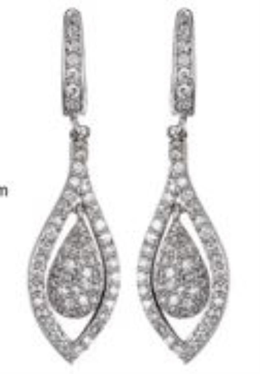 Sterling Silver Rhodium Pave Pear In Diamond-Shape Border Dangling Earring