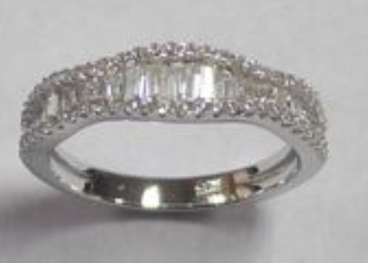 Sterling Silver Rhodium Wave Baguette Anniversary Band Ring