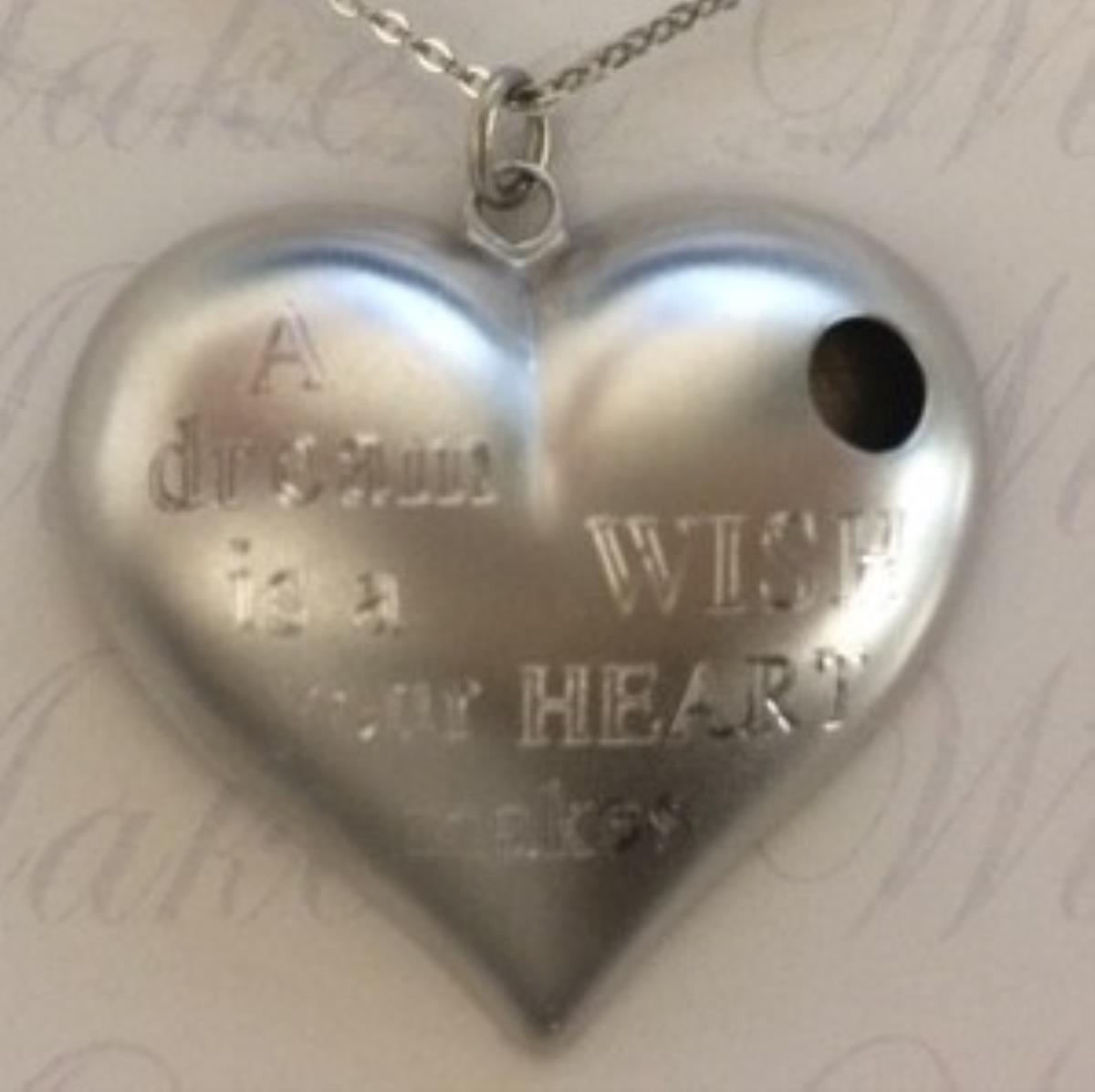 Sterling Silver Rhodium "A Dream Is A Wish Your Heart Makes" Cinderella Song Puff Wish Heart Pendant