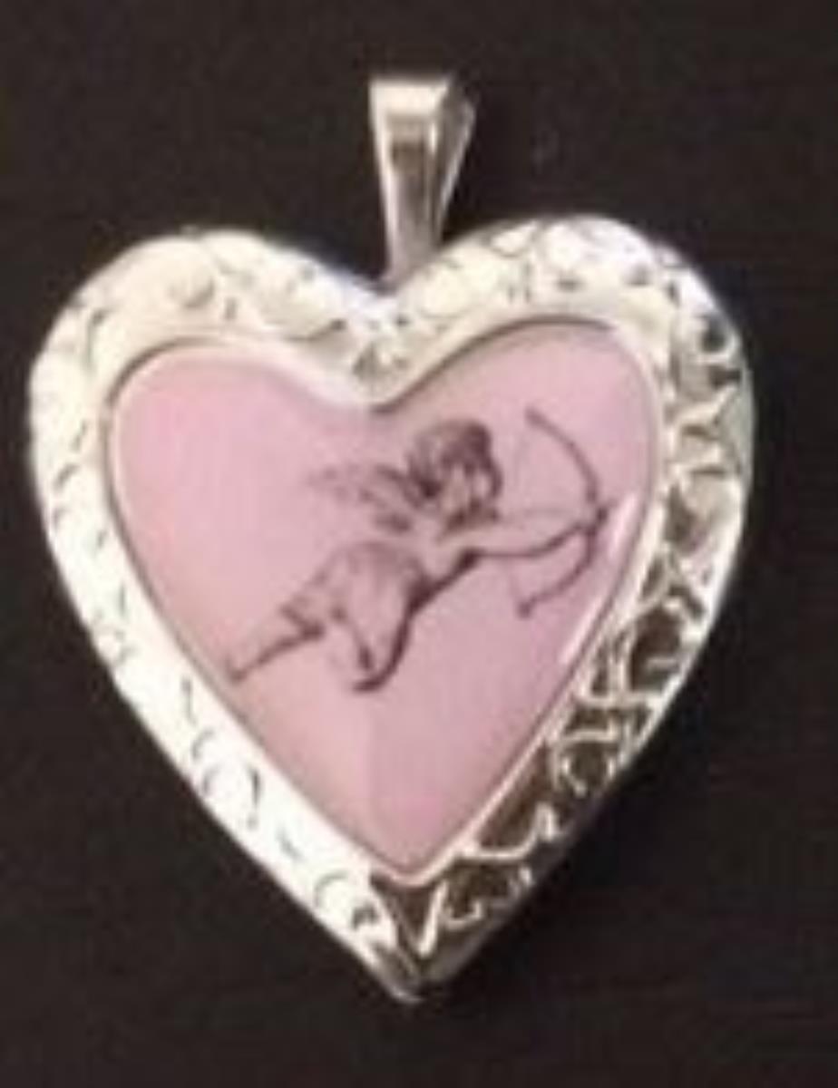 Sterling Silver Rhodium Cupid With Arrow Filigree Border Heart Locket Pendant