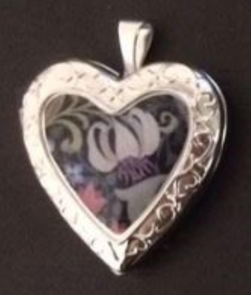 Sterling Silver Rhodium Assorted Flower Print Filigree Border Heart Locket Pendant