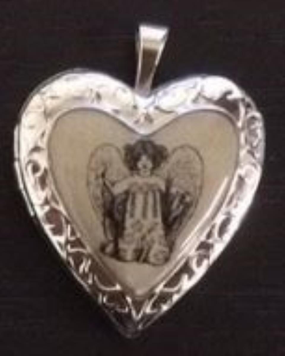 Sterling Silver Rhodium Angel Filigree Border Heart Locket Pendant