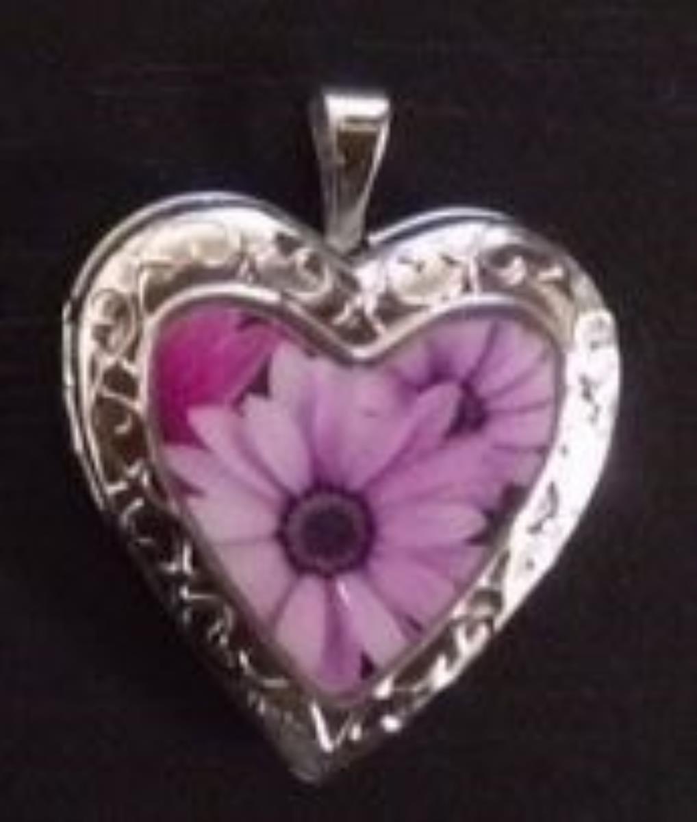 Sterling Silver Rhodium Purple Daisies Filigree Border Heart Locket Pendant