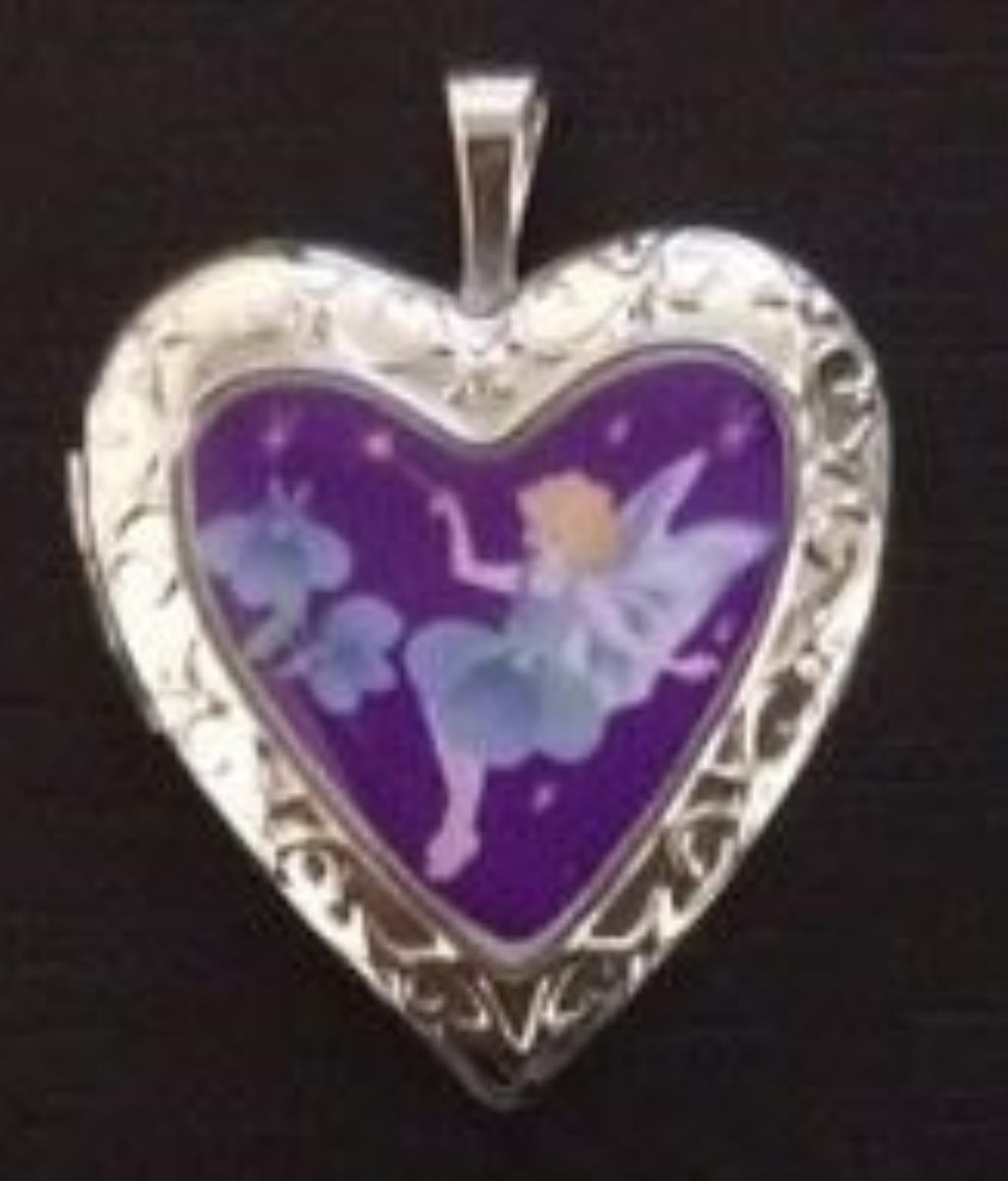 Sterling Silver Rhodium Tinkerbell Fairy Filigree Border Heart Locket Pendant