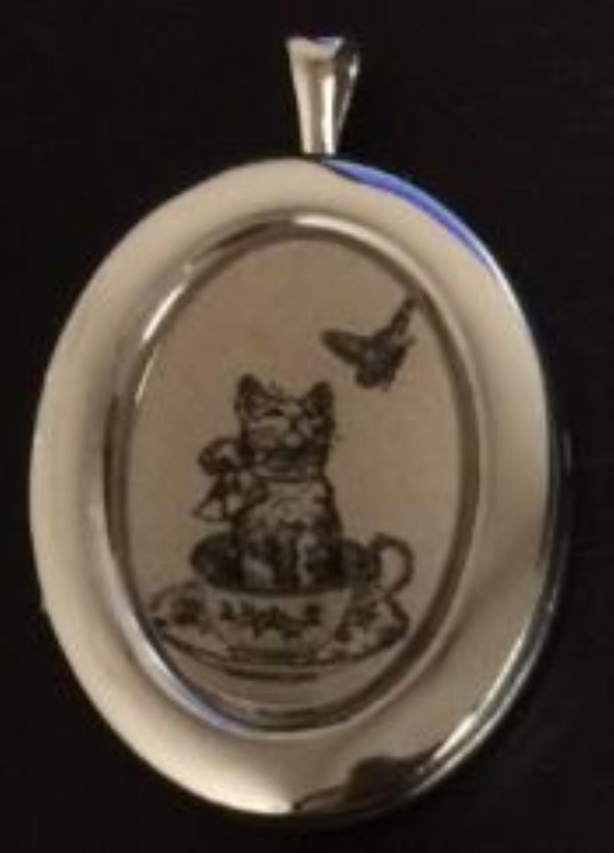 Sterling Silver Rhodium Kitten in Teacup & Butterfly Oval Locket Pendant