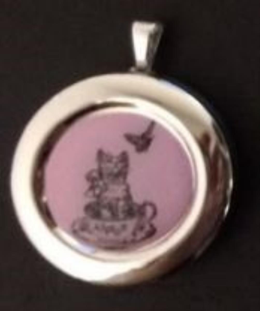 Sterling Silver Rhodium Kitten in Teacup & Butterfly Circle Locket Pendant