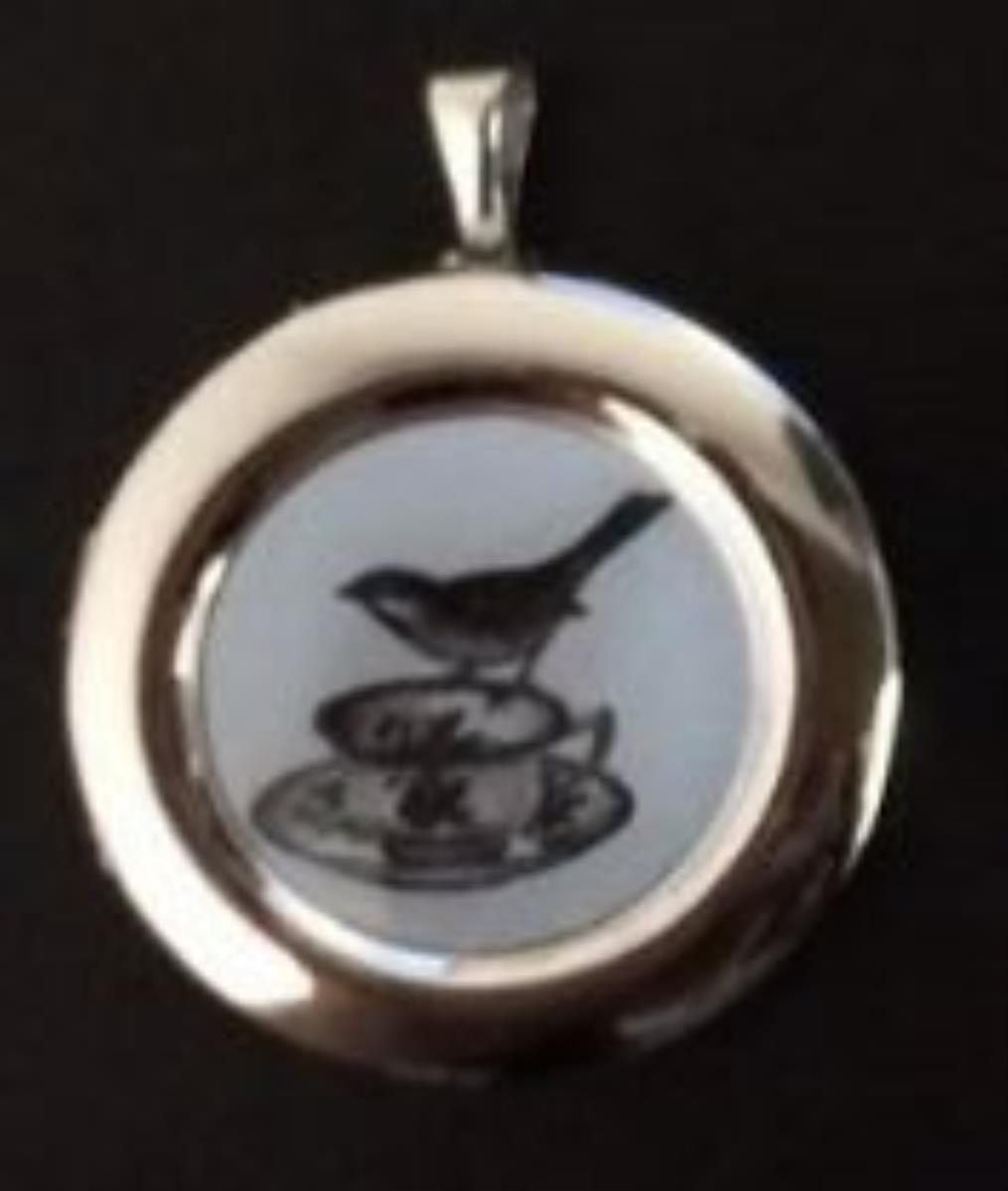 Sterling Silver Rhodium Fantail Bird on Teacup Circle Locket Pendant