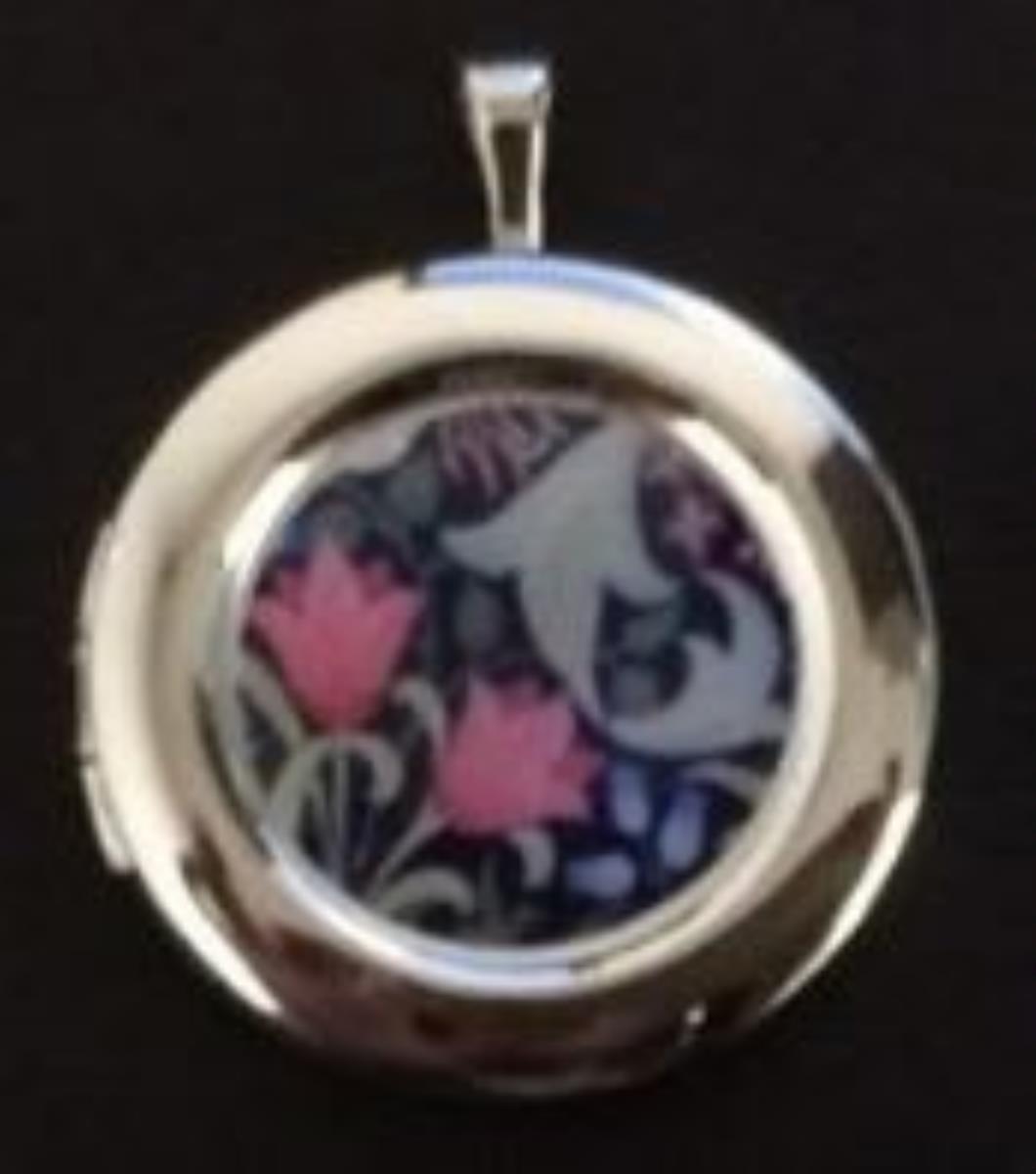 Sterling Silver Rhodium Assorted Flower Print Circle Locket Pendant