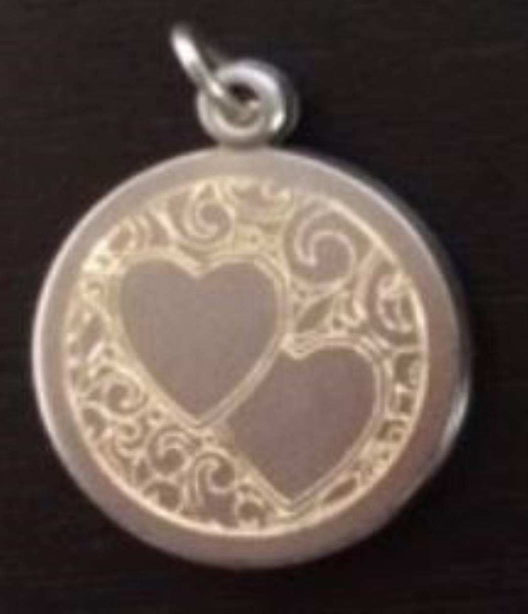 Sterling Silver Rhodium Yellow Engraved Double Heart Filigree Background Circle Slider Locket Pendant