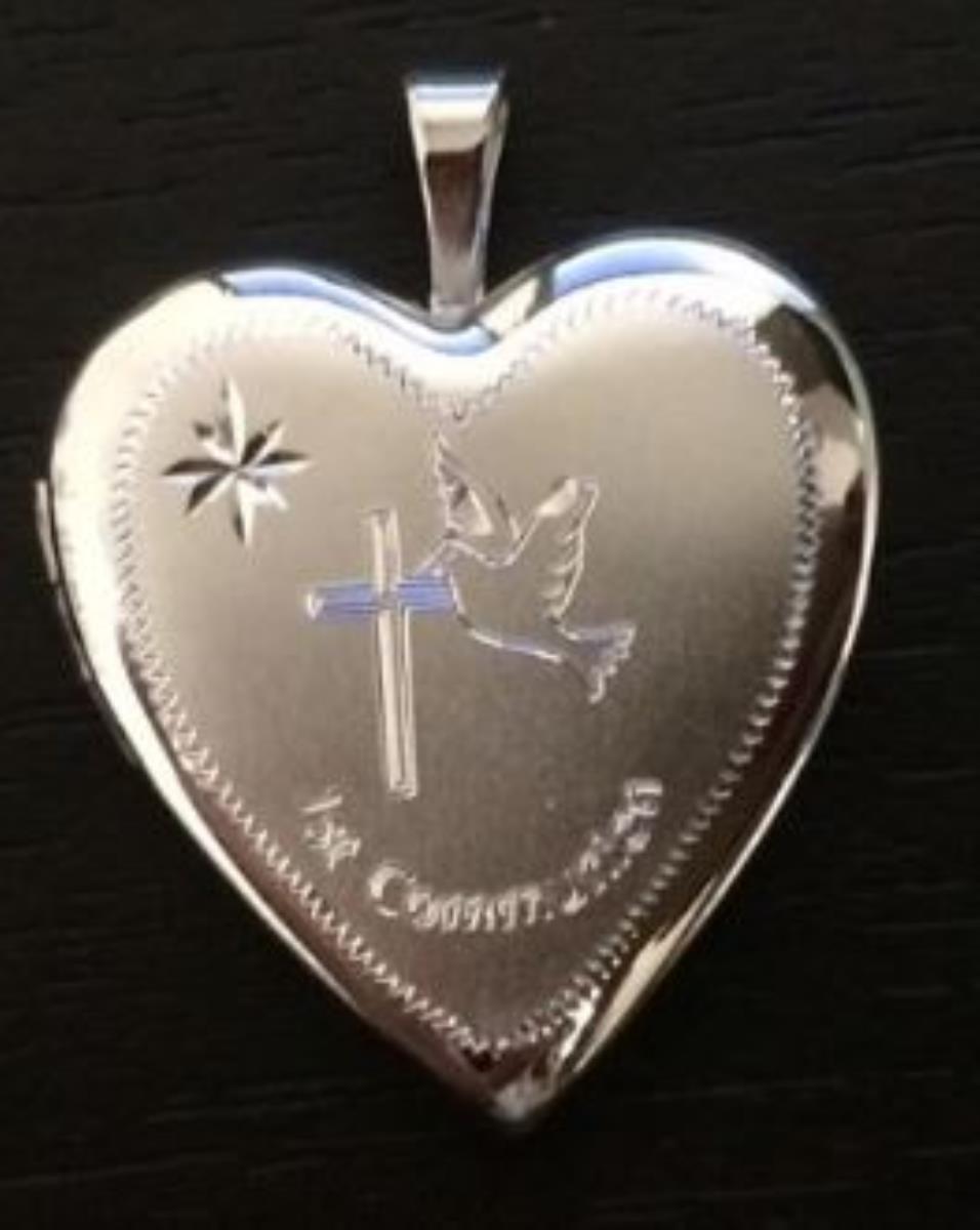 Sterling Silver Rhodium 1st Communion Dove & Cross Religious Heart Locket Pendant