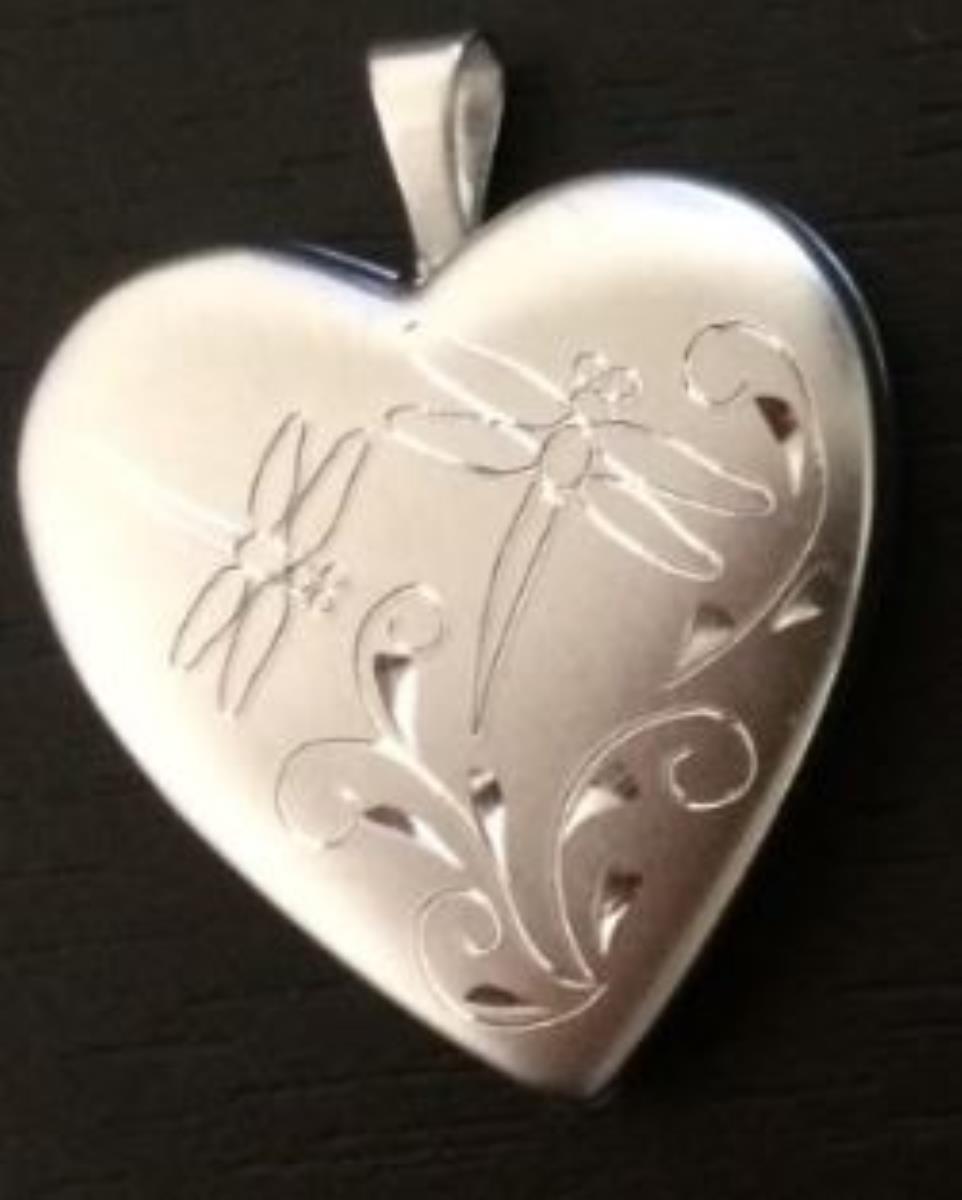 Sterling Silver Rhodium Engraved Dragonfly & Fern Heart Locket Pendant
