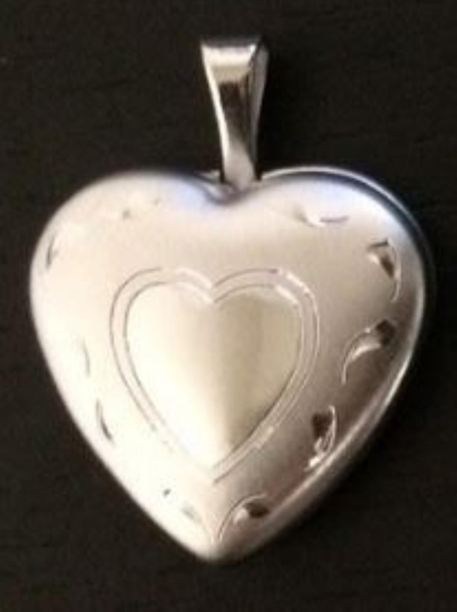 Sterling Silver Rhodium Engraved Heart & Leaf Border Heart Locket Pendant