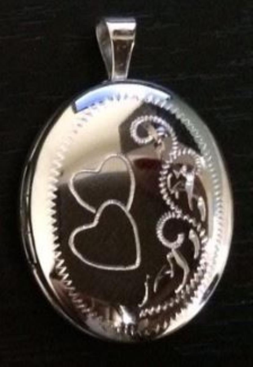 Sterling Silver Rhodium Engraved Double Heart Filigree Fern Oval Locket Pendant
