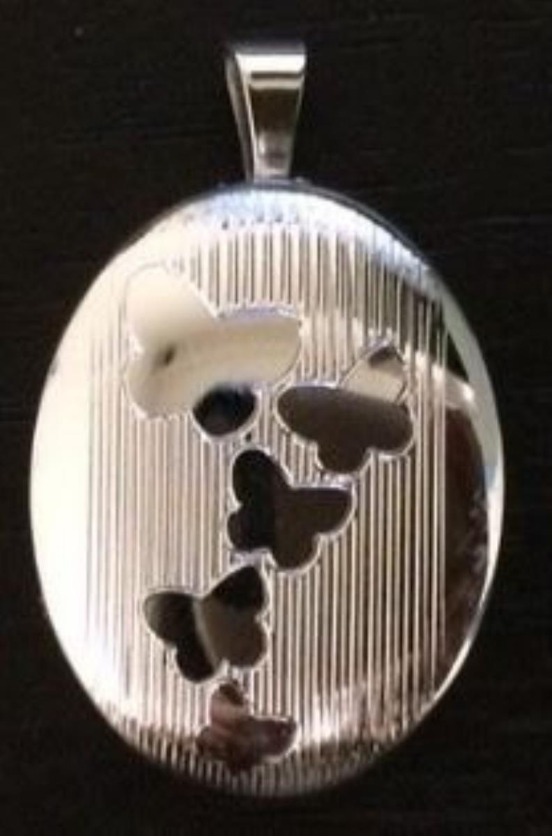 Sterling Silver Rhodium Engraved 5 Butterflies in Flight Oval Locket Pendant