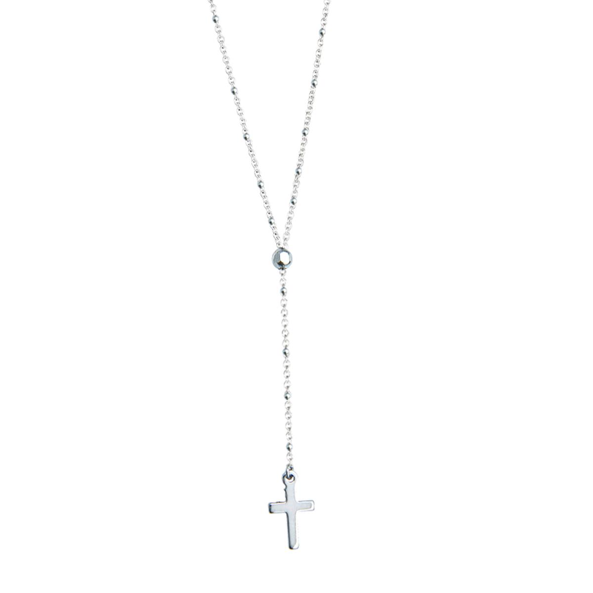 Sterling Silver Rhodium Dangling Cross 20" Rosary Chain Necklace