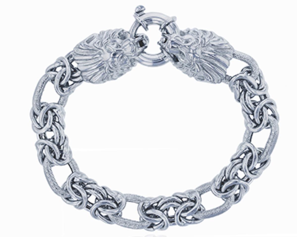 Sterling Silver Rhodium 10.00mm 7.5" Textured Oval Link and Byzantine Bracelet with Lion Lock