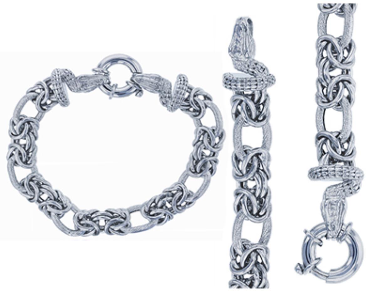Sterling Silver Rhodium 10.00mm 7.5" Textured Oval Link and Byzantine Bracelet with Snake Lock