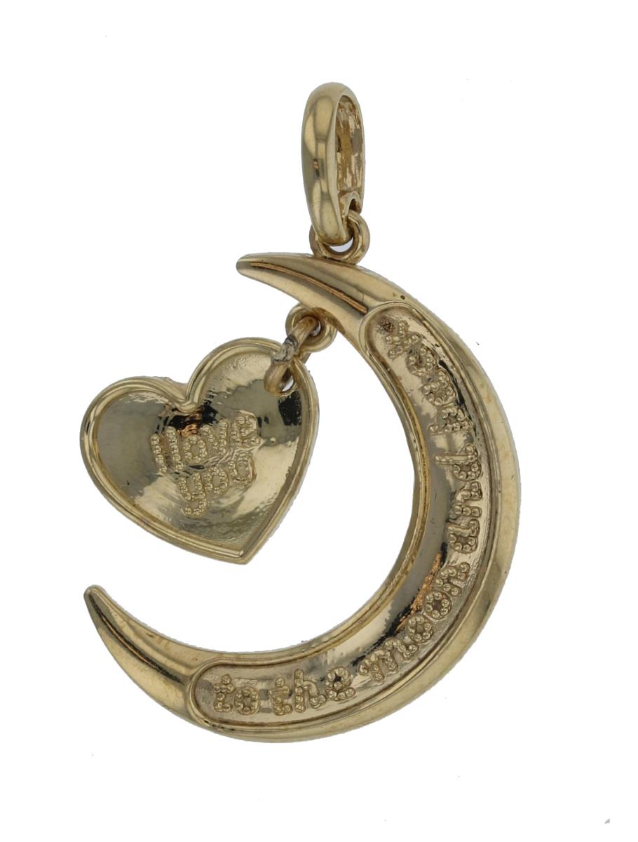 14K Yellow Gold " I love you to the moon and back" Moon and Hanging Heart Charm Pendant