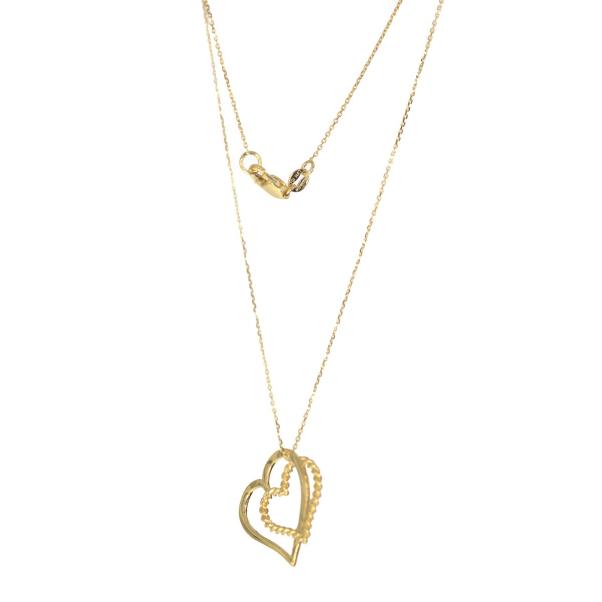 14K Yellow Gold Dangling 17" Double Hearts Necklace