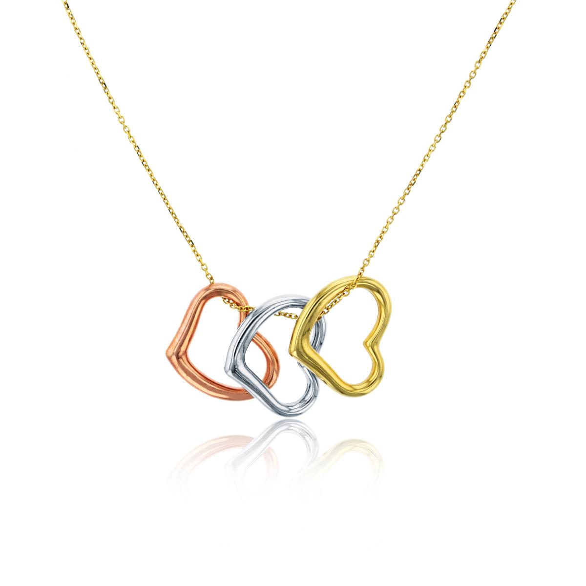 14K Tri-color Gold Dangling Triple Hearts 17" Necklace