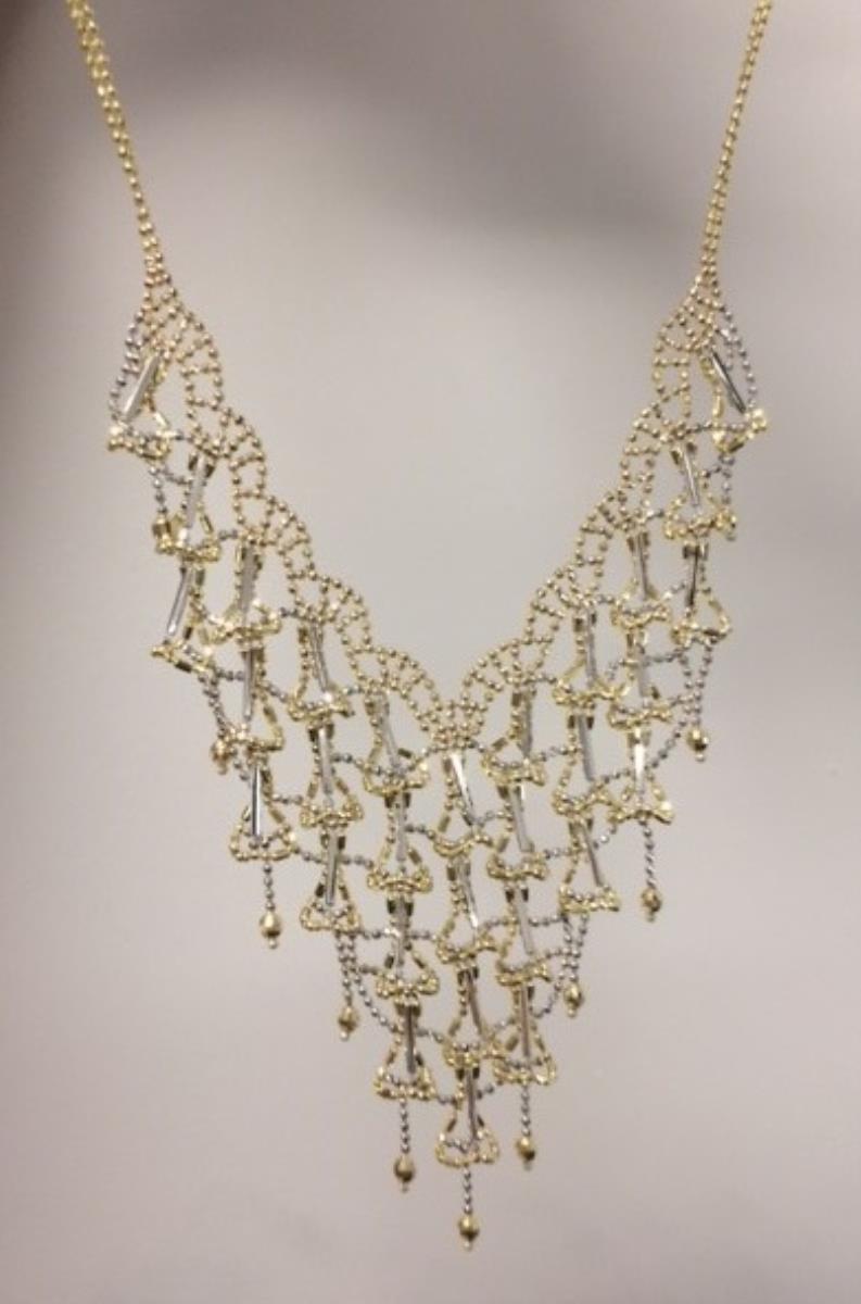 14K Yellow & White Gold Layered Ornate Festive V-Shaped 17" Necklace