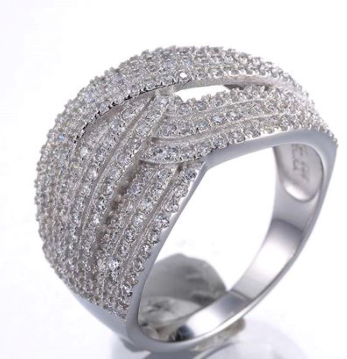 Sterling Silver Rhodium Micropave Criss Cross Fashion Ring