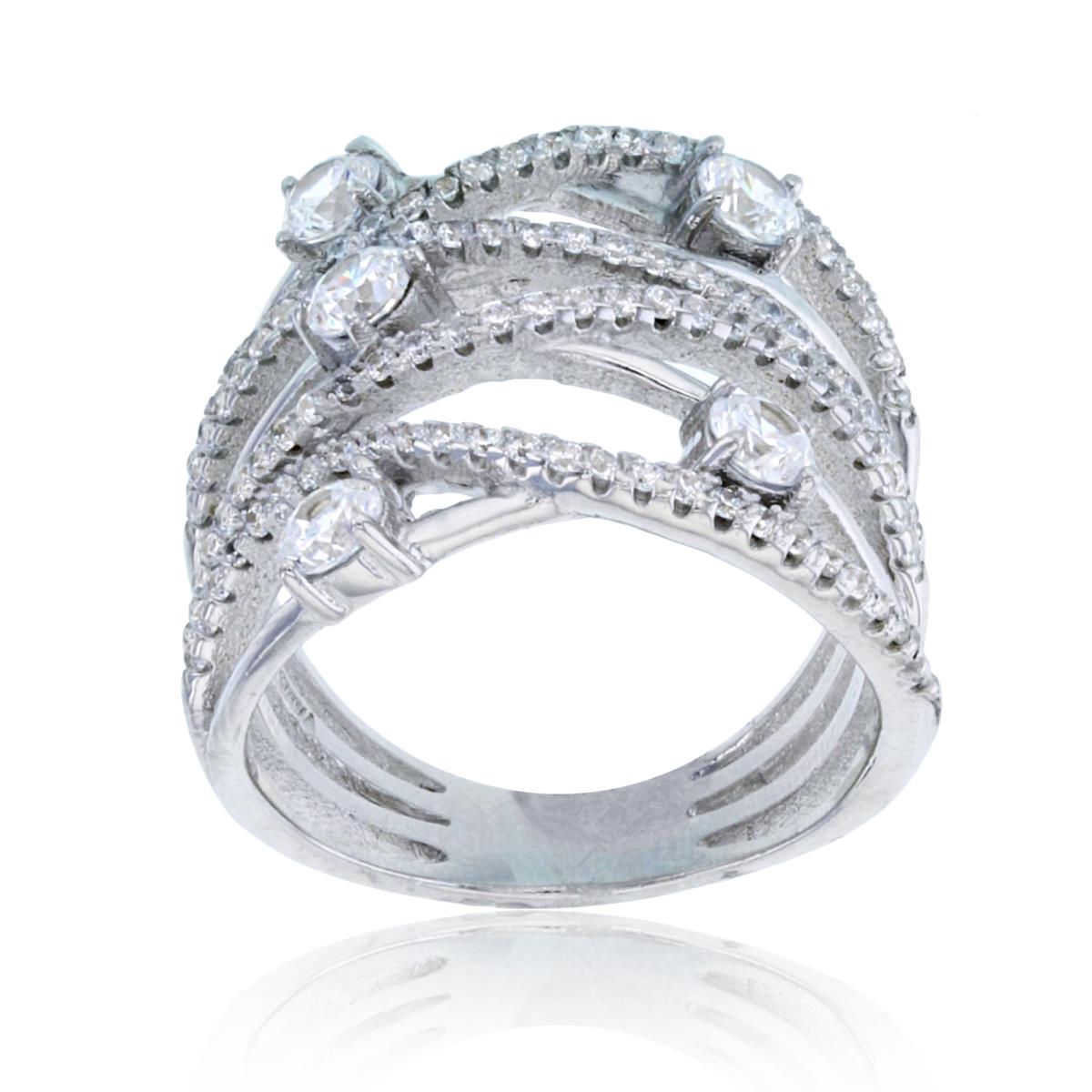 Sterling Silver Rhodium Micropave 3.50mm Round Cut Multi-Row Twisted Cocktail Ring