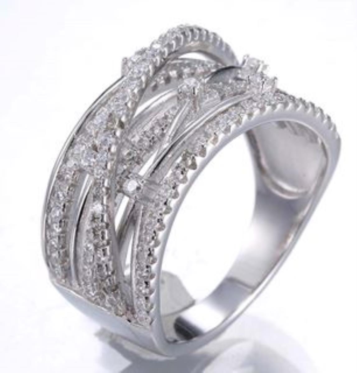 Sterling Silver Rhodium Micropave 1.50mm Round Cut Criss Cross Fashion Ring