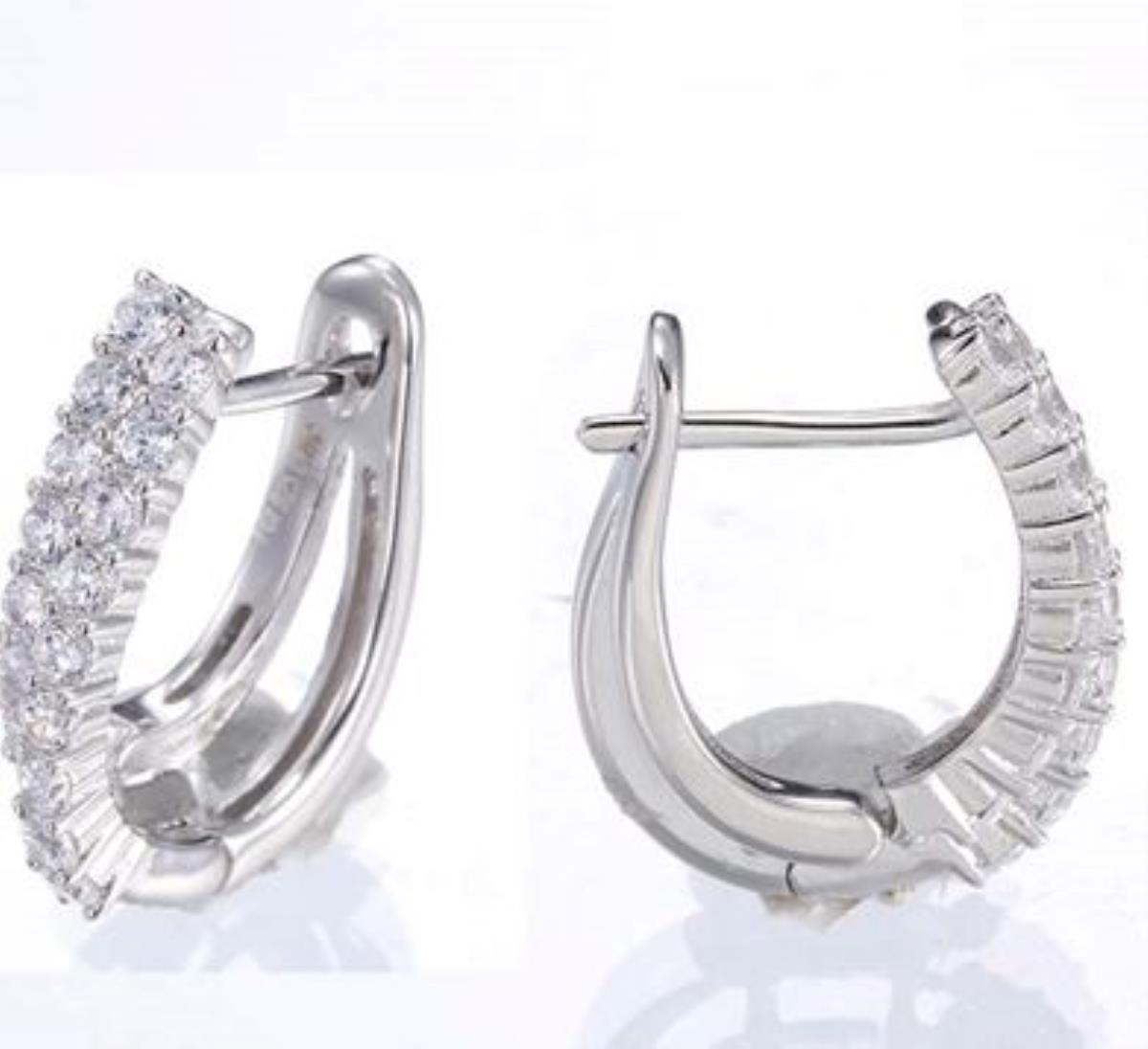 Sterling Silver Rhodium Micropave Round Cut Two-Row Huggie Earring with Latch Back