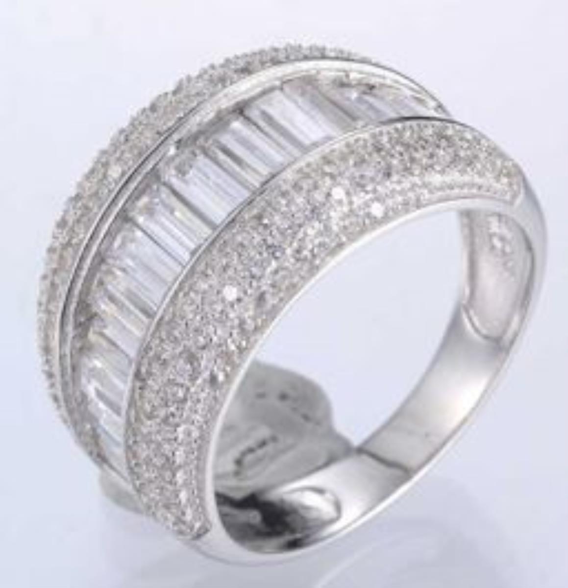Sterling Silver Rhodium Pave Border Baguette Fashion Ring