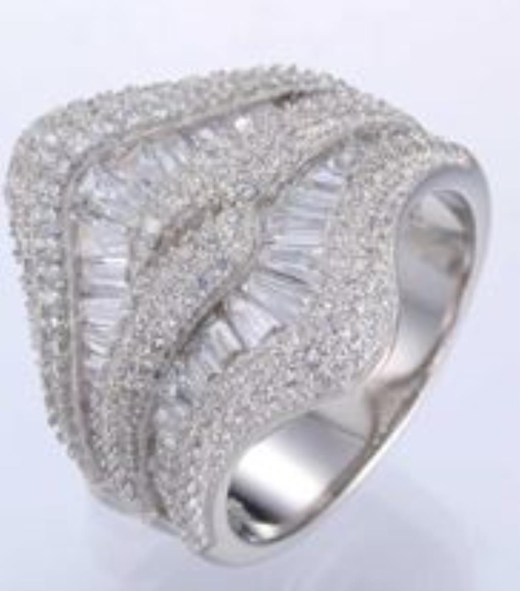Sterling Silver Rhodium Pave & Tapered Baguette Cocktail Ring