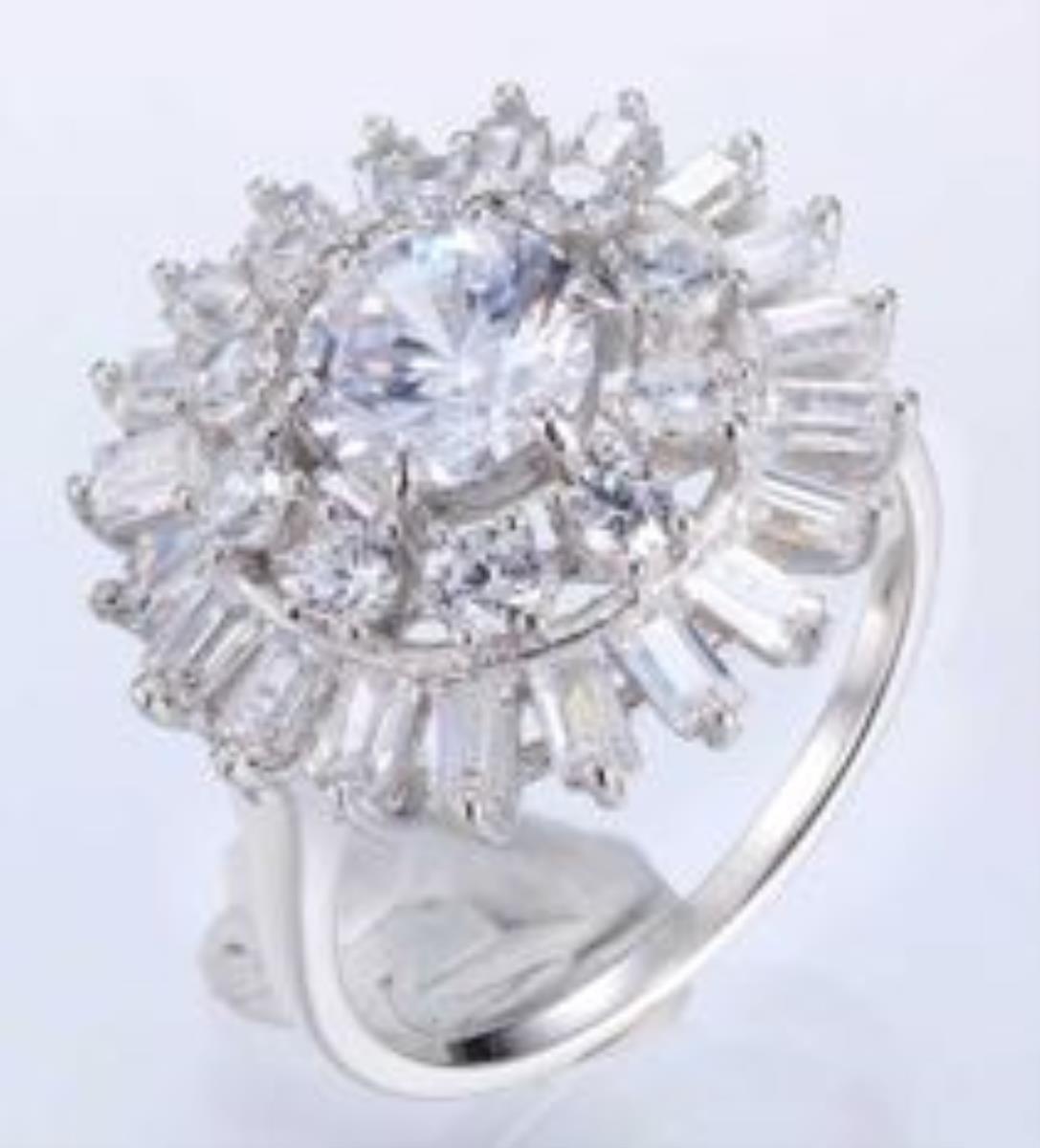 Sterling Silver Rhodium Round Cut & Baguette Flower Fashion Ring