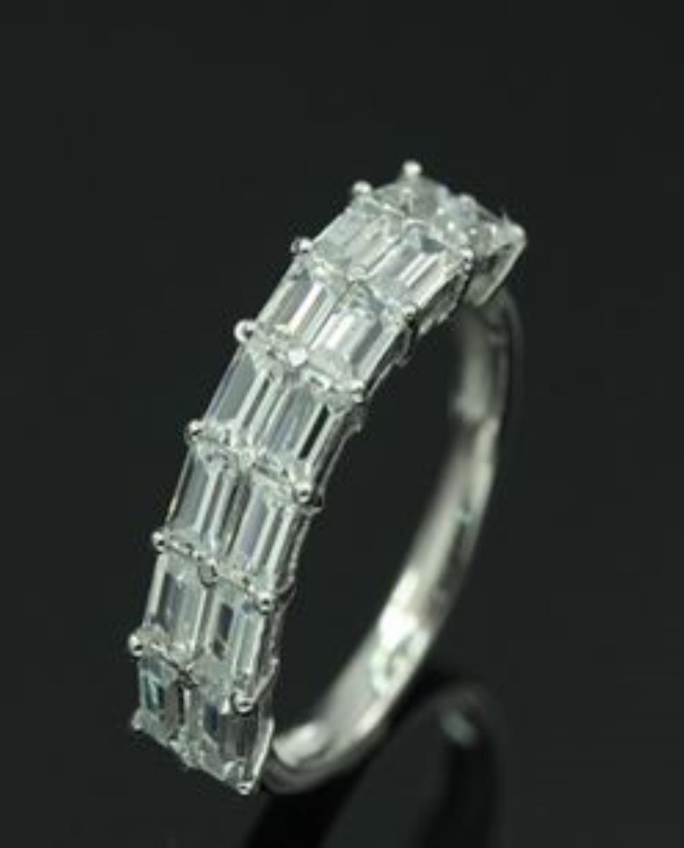 Sterling Silver Rhodium Micropave Emerald Cut Two-Row Anniversary Band Ring