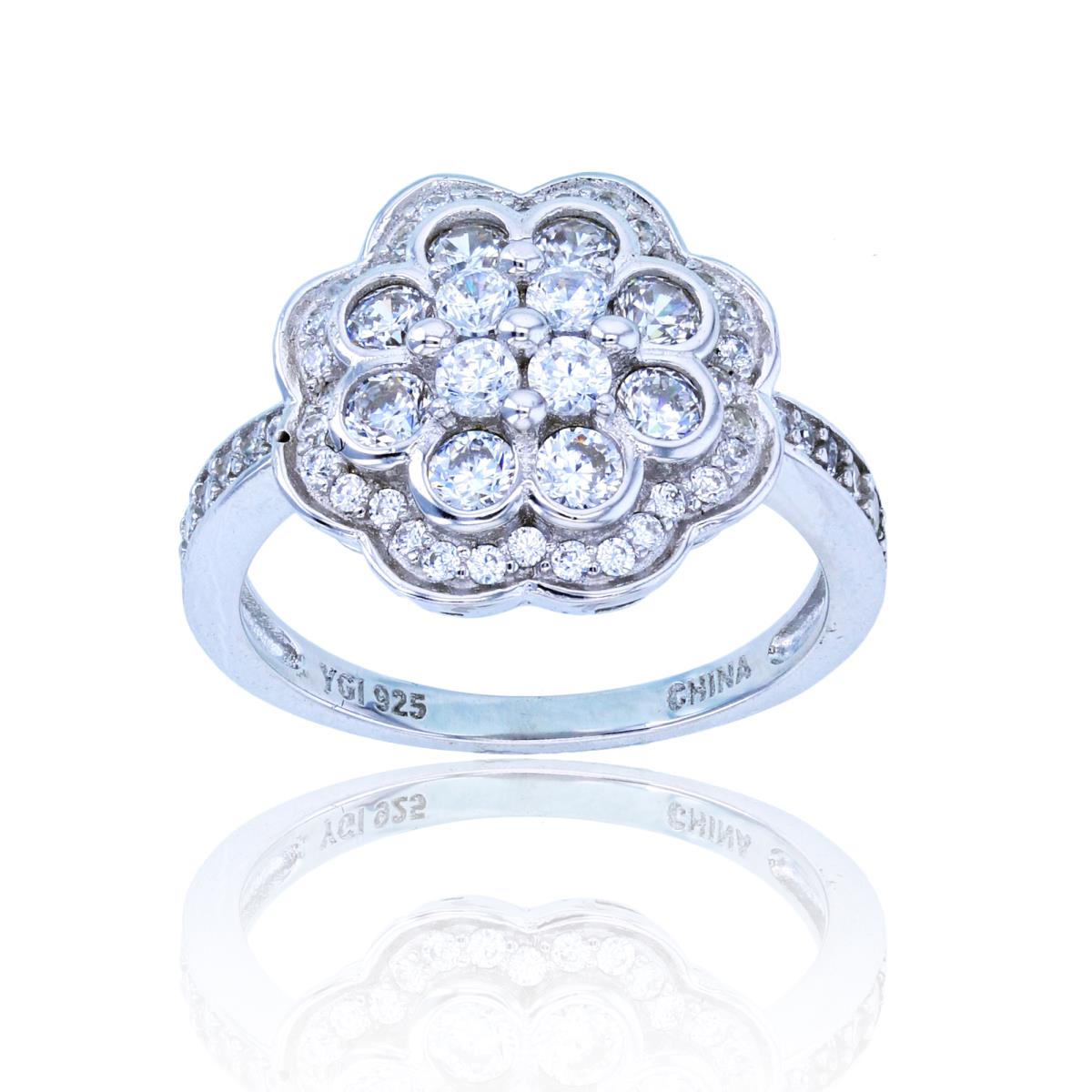 Sterling Silver Rhodium Micropave Flower Fashion Ring