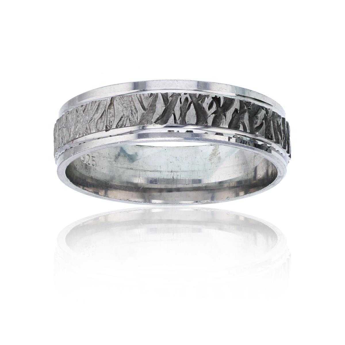 Sterling Silver Rhodium 5.90mm Etched Detail With High Polished Outer Strips Men's Band Ring