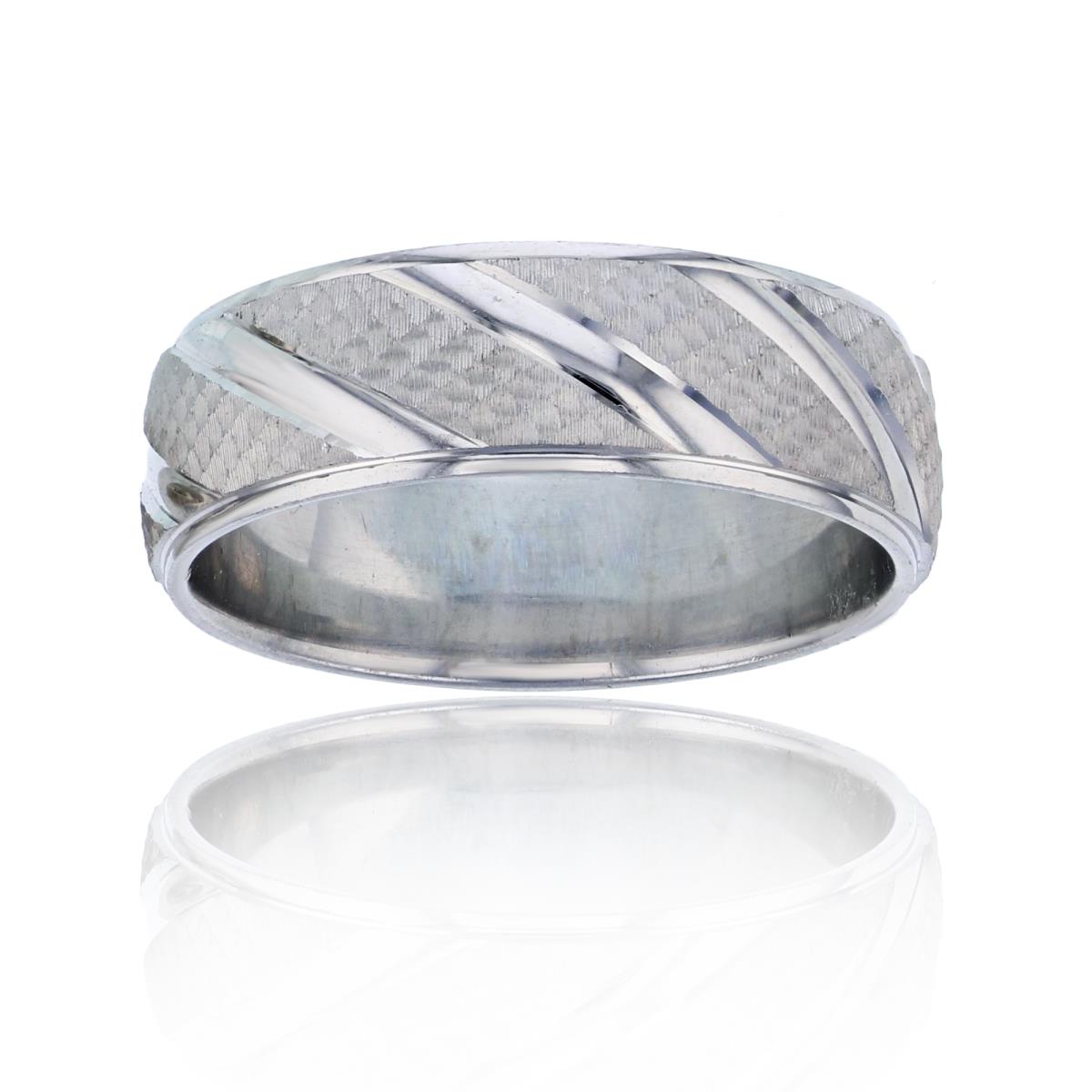 Sterling Silver Rhodium High Polished Diagonal Stripe & Diamond Cut 7.00MM Men's Band Ring