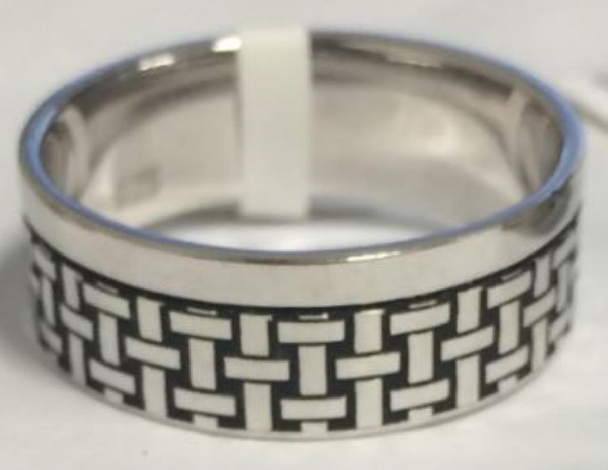 Sterling Silver Rhodium 7.90mm Polished & Etched Basket Weave Men's Band Fashion Ring