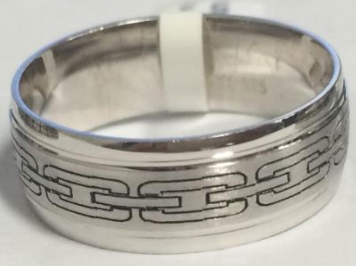 Sterling Silver Rhodium 7.90mm Satin Engraved Chain Link Men's Band Fashion Ring