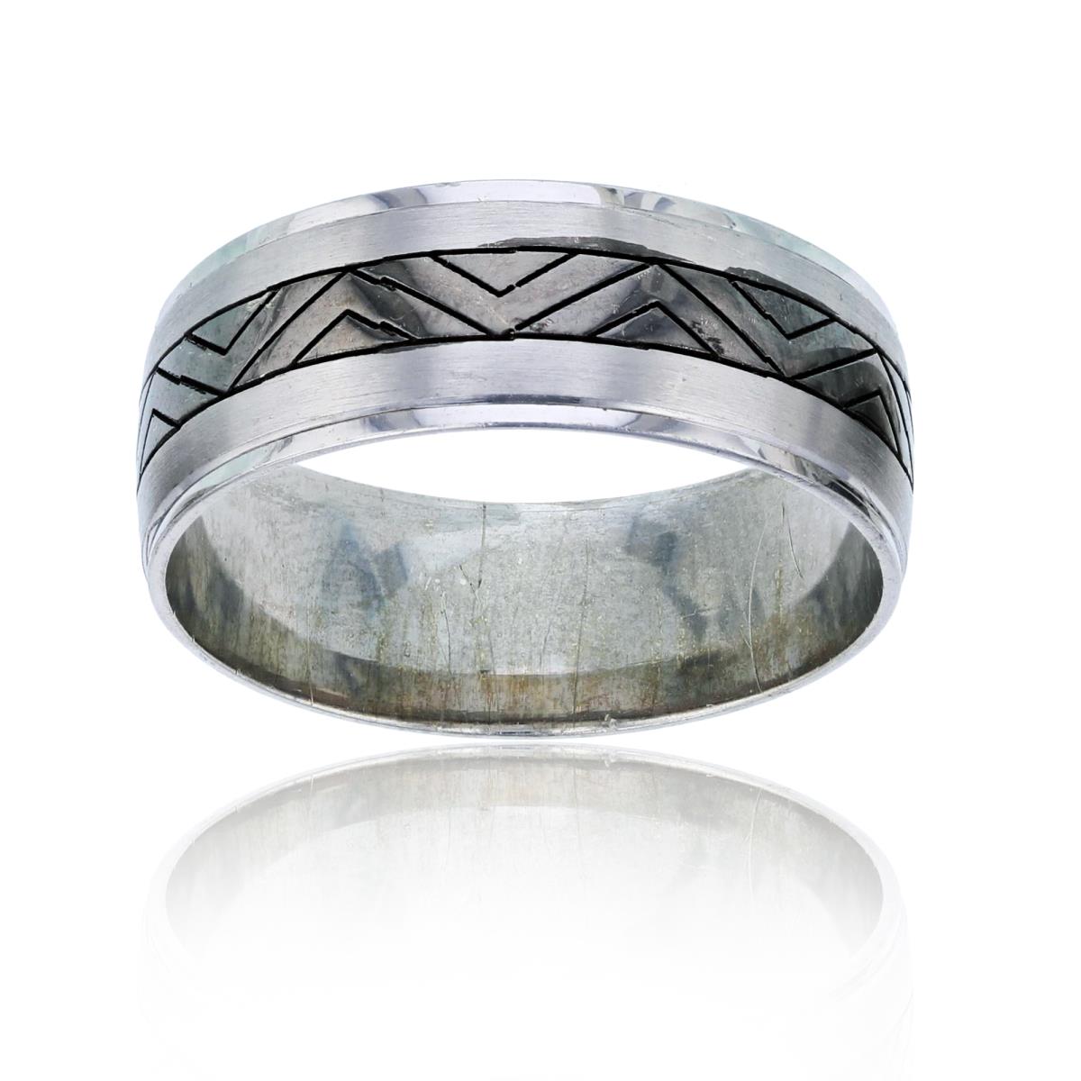 Sterling Silver Rhodium 8.00mm Satin Engraved Zig Zag Design Men's Band Fashion Ring