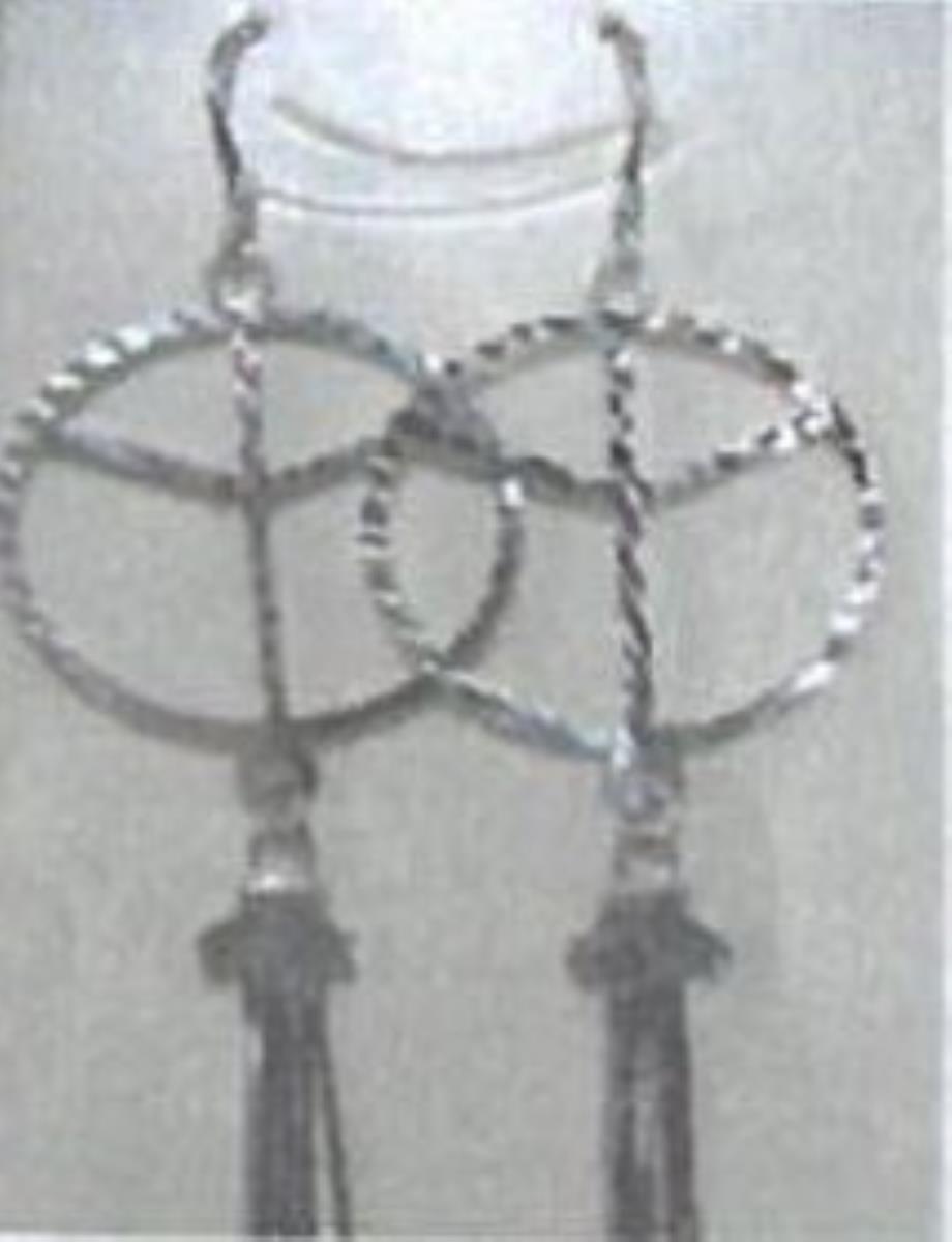 Sterling Silver Rhodium Diamond Cut Peace Sign Tassel Dangling Earring