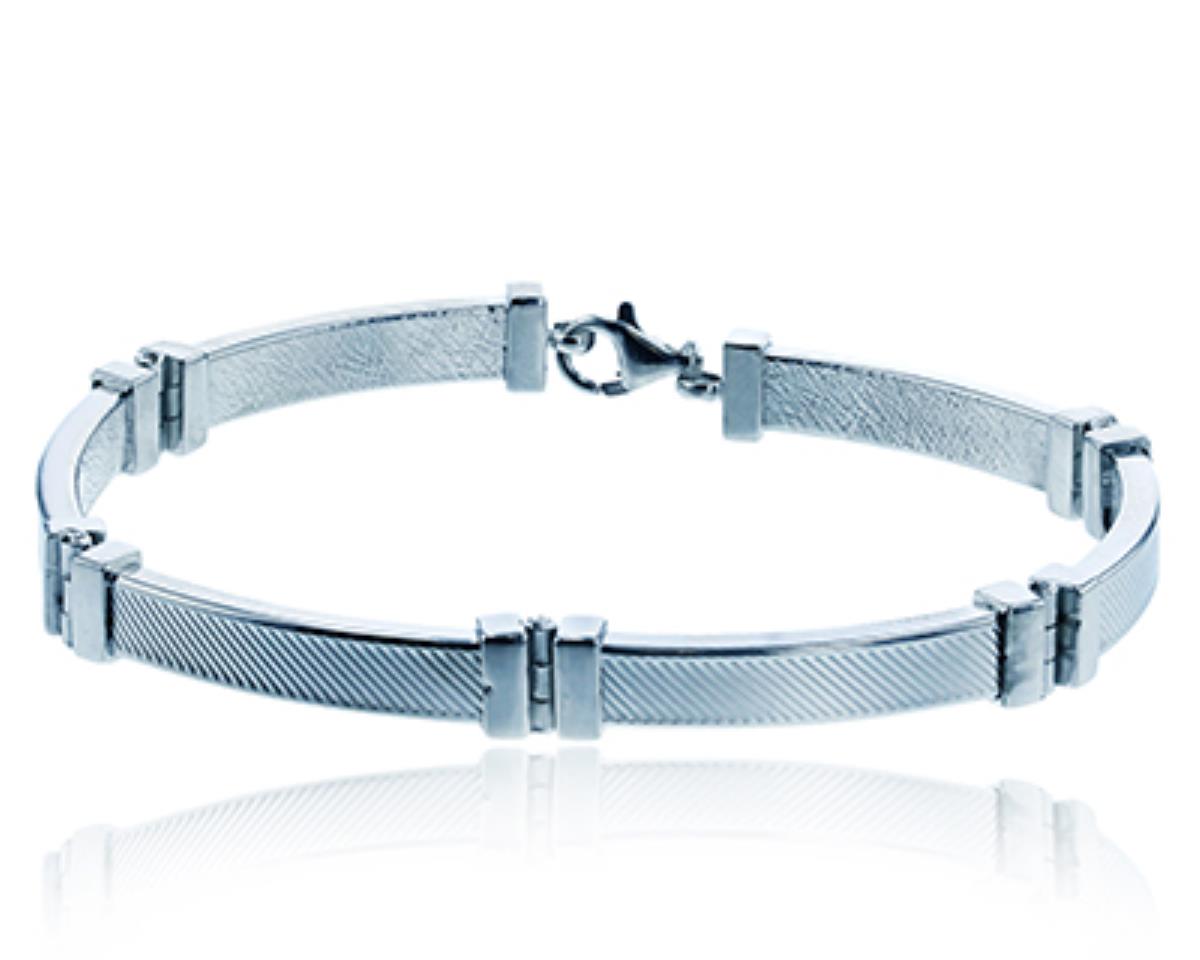 Sterling Silver Rhodium 7.60mm Diagonal Stripe Pattern High Polished 8.5" Hinge Bracelet